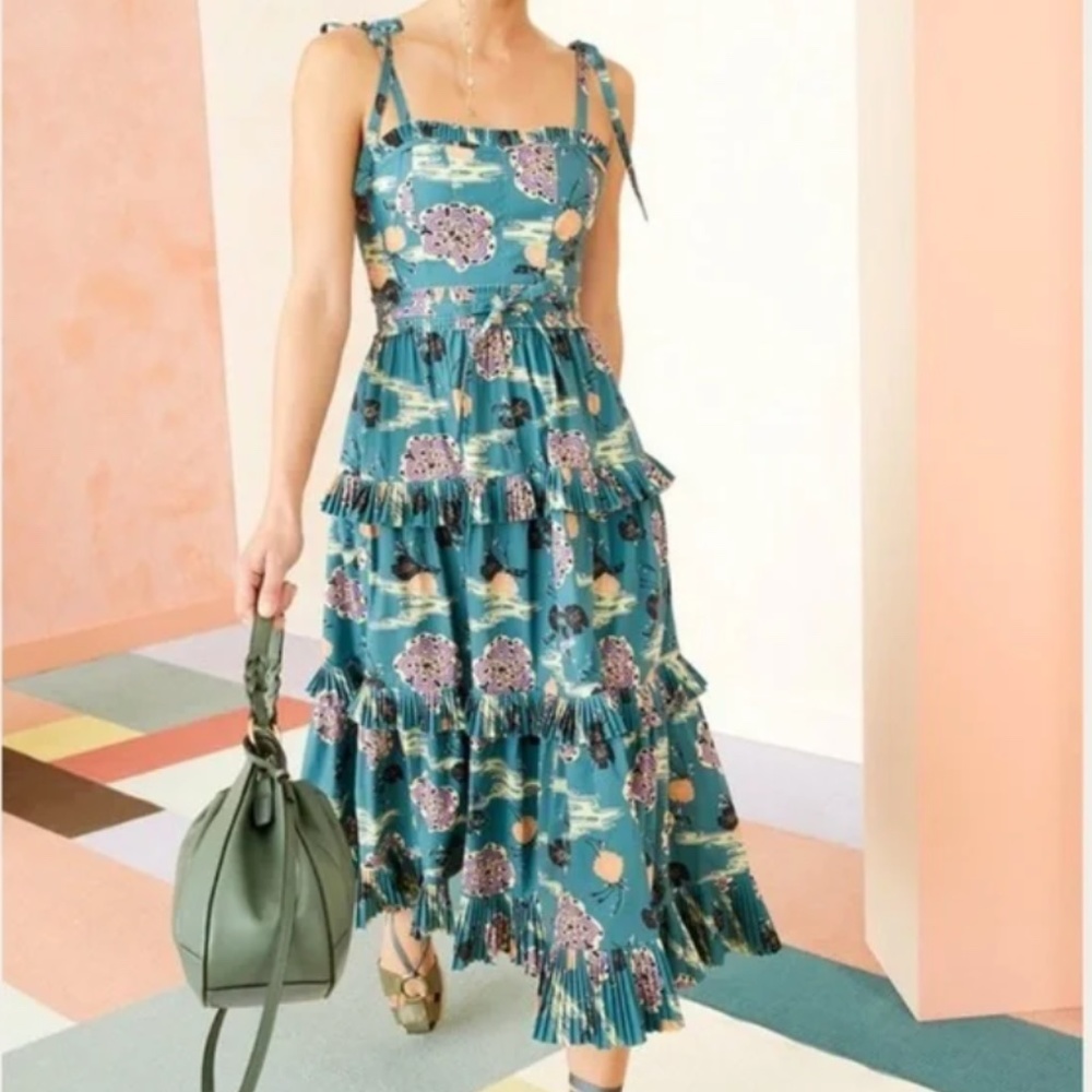 Ulla Johnson Lune Dress River Size 10 EUC Ruffle Tiered Midi Tie Blue